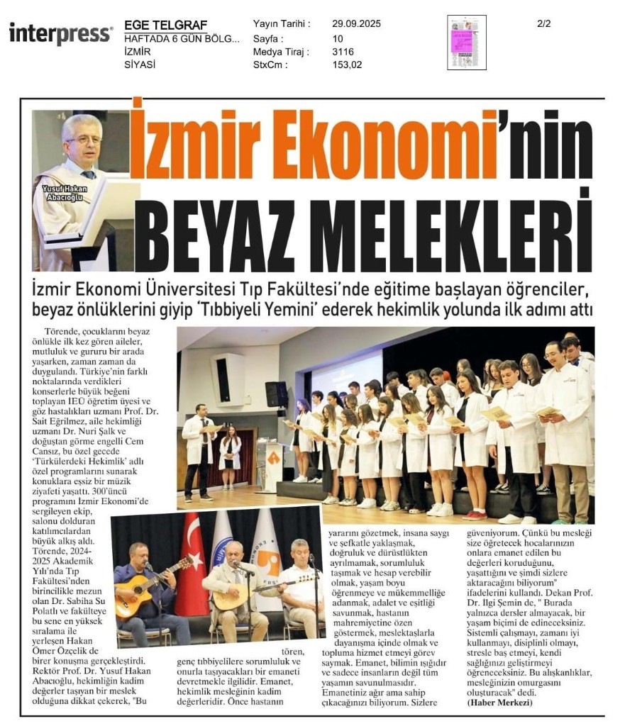 Ege Telgraf, İEÜ Tıp Fakültesi beyaz önlük töreni haberi, 29 Eylül 2025